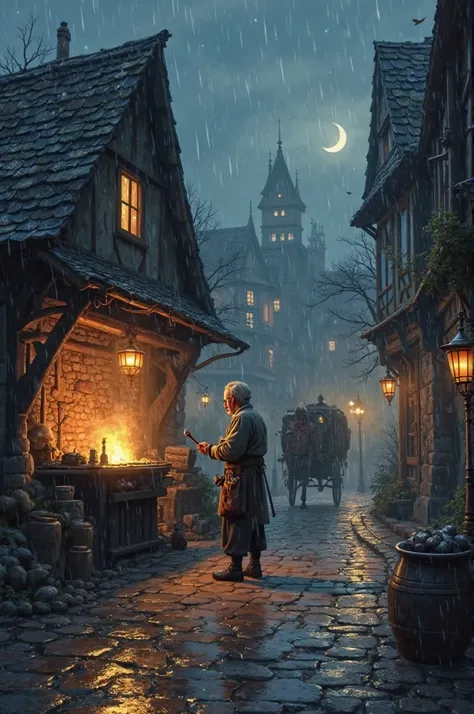 At a night, a town under the rain, and a blacksmith, with a horse carriage near it