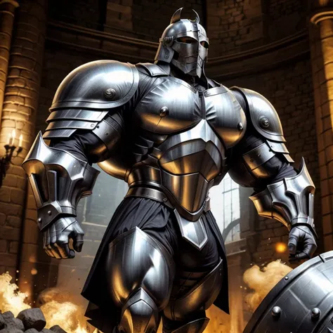 a man wearing a knight's helmet, huge body, wearing knight armor, epic knight armor, armor