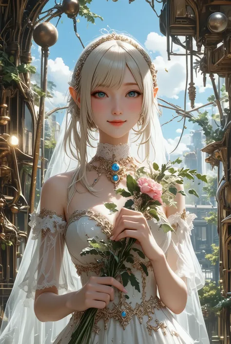 best quality , high image quality, 16k, unbelievably ridiculous , very well detailed, 2.5D, delicate and dynamic, Kiri Reina Female, seductive smile, pure white wedding dress , great style , bouquet, steampunk, dieselpunk , clock punk ...