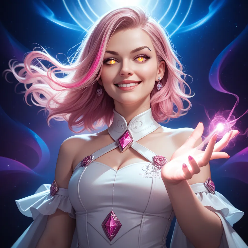 girl smirking,manipulating,photorealistic,highly detailed,intricate,dramatic lighting,cinematic,fantasy scene,dark mood,mystical atmosphere,glowing energy,flowing yellow and pink highlights hair,piercing eyes,mischievous expression,delicate fingers,arcane ...