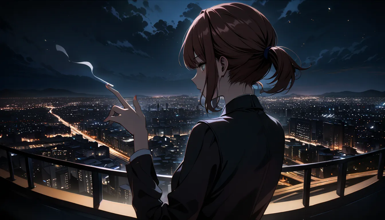 monika, brown hair, green eyes, short ponytail, short hair, black bow, standing on a balcony overlooking a night cityscape, back view, holding a cigarette in her right hand, detailed face visible in profile, elegant pose, city lights sparkling in the backg...