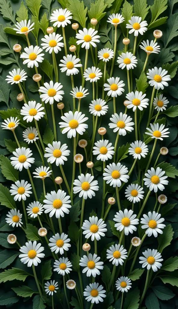 3D  small daisy flowers pattern on green background,super detailed,flat lay view