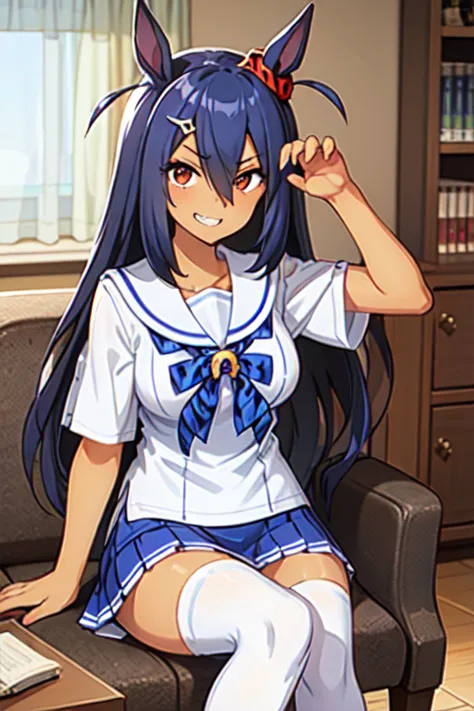 Hishi Amazon、One person、 girl 、best quality,  smug,grin,tracen school uniform, sailor collar, bowtie, purple shirt, sailor shirt, short sleeves, white skirt, white thighhighs,white kneehighs,Narrowed sleeves, long chair,sitting,blue line on the edge of the...