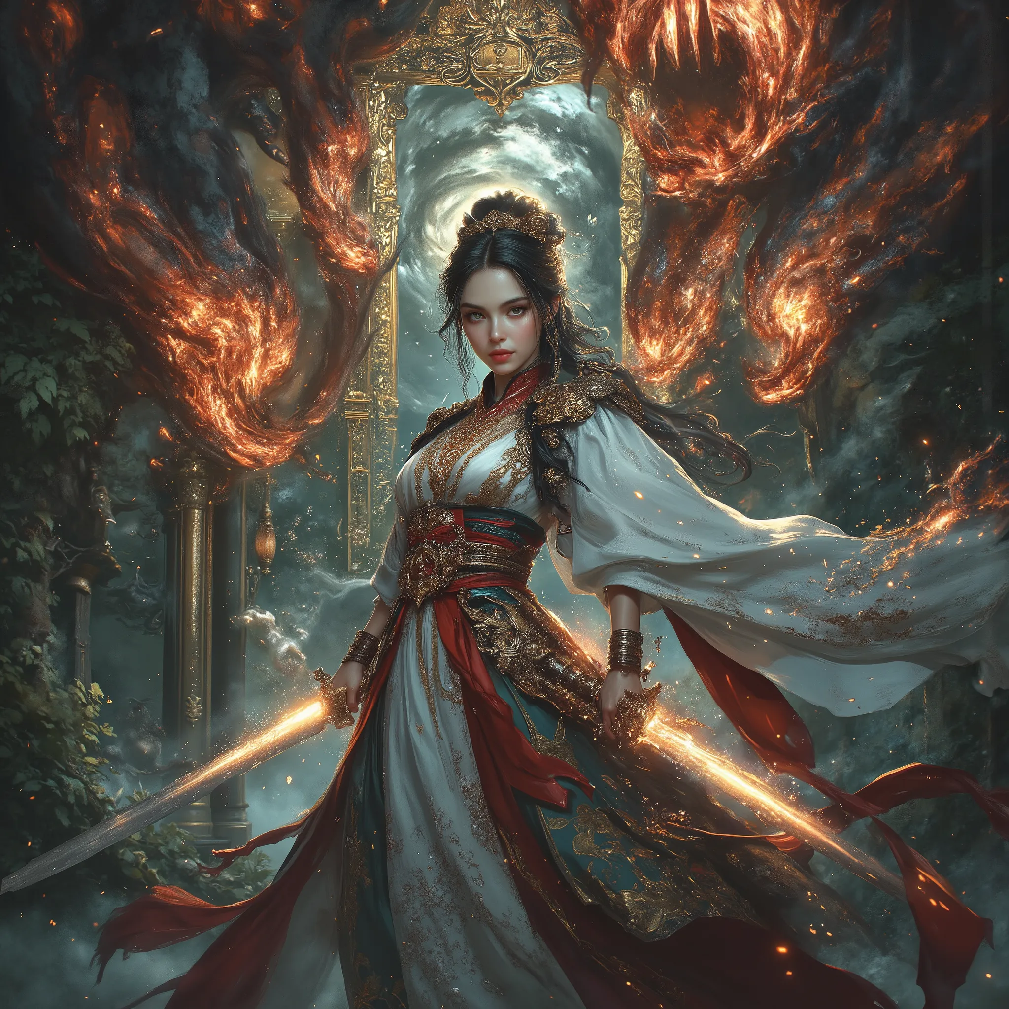 beautiful shoujo shrine maiden fighting demons, at the shrine, detailed portrait of a young female shrine maiden in traditional japanese clothing, with determined expression, brandishing a glowing sword and fiercely fighting off dark demonic entities in th...