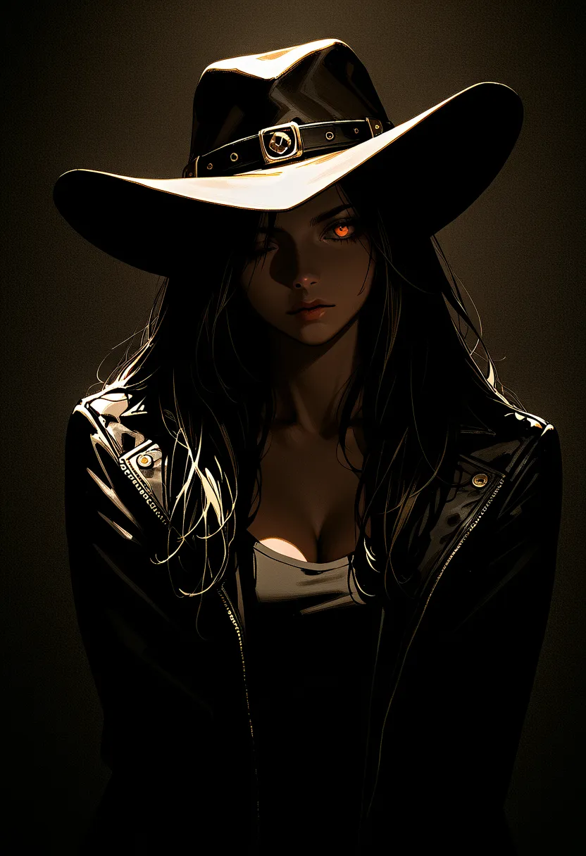 A girl that is 19 years old one of her eyes is demon orange eye the other eye is closed the girl also has a black long hair and she is wearing black tank top and jacket a leather black one and also you can see a black backround she also has cowboy hat and ...