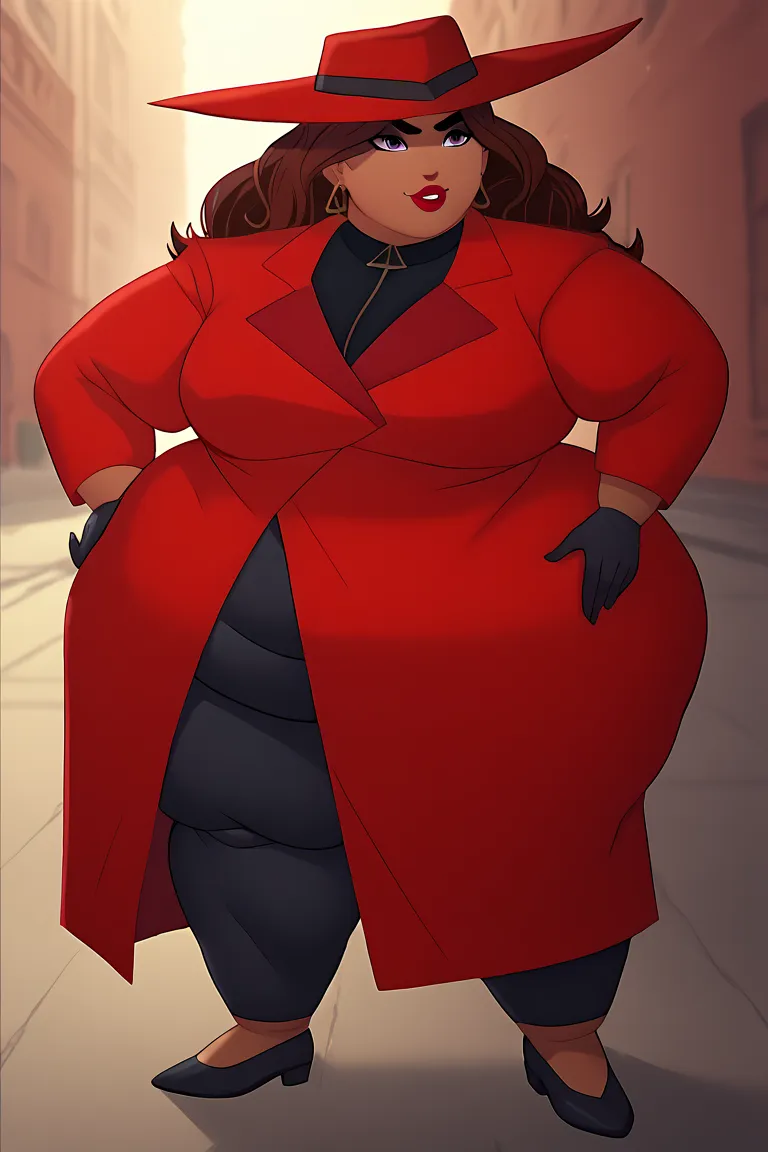 score_9,  score_8_arriba,  score_7_arriba,  half body, Black body, carmen(big fat body),(clothes that fit your big, fat body size), long brown hair, tanned skin, red coat, black shoes, matching red fedora, black gloves, red lipstick,  gray eyes