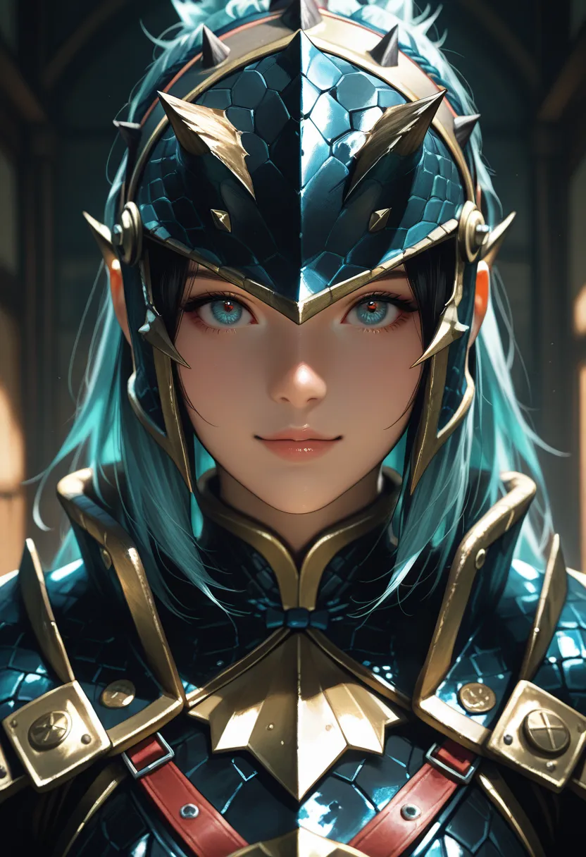 masterpiece, best quality, vibrant, very aesthetic, high contrast, photorealistic portrait,beautiful detailed face,detailed texture,detailed skin, newest, 1girl,monster hunter,source_monster hunter,Noir Armor,room