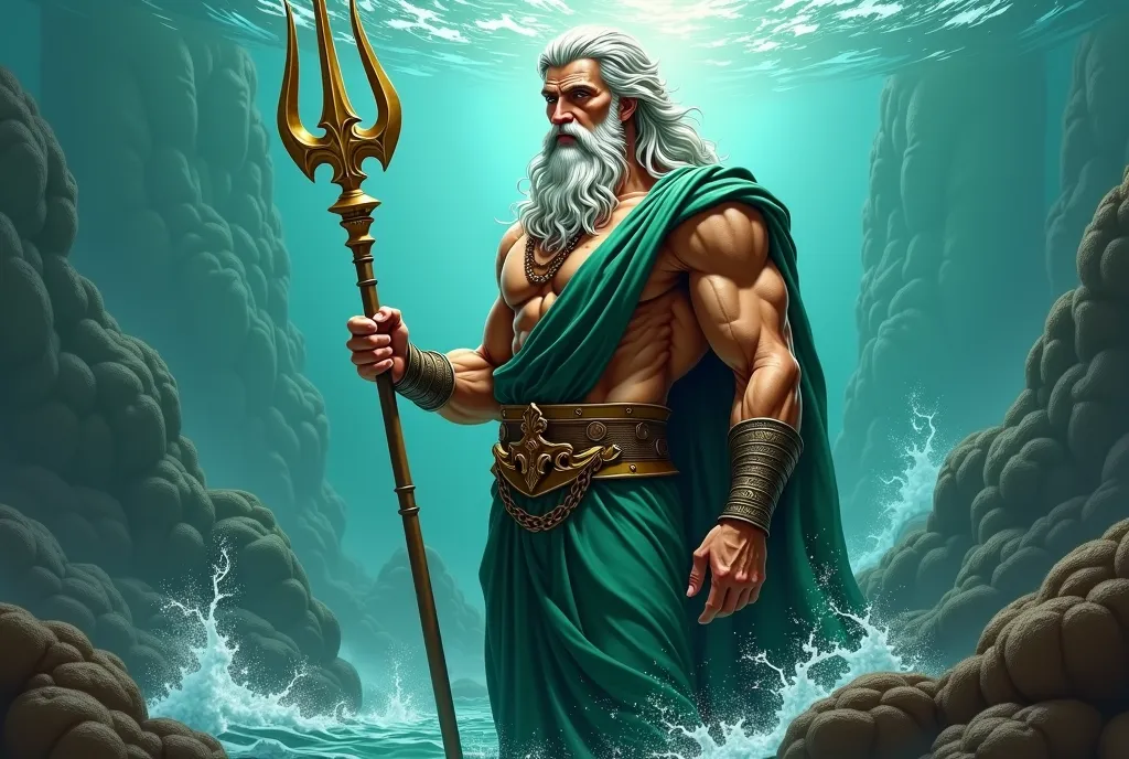 ( masterpiece) Reference sketch of a Greek God,  God Poseidon Lord of the Seas, Holding a three-pointed trident, Your physical appearance is often described as that of a strong person,  muscular build , 30 YEARS, Silver-haired, with beard, pectorals gauntl...