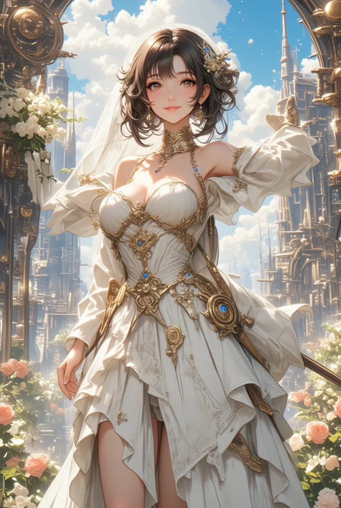  best quality , high image quality, 16k,   unbelievably ridiculous ,  very well detailed, 2.5D,  delicate and dynamic,  Kiri Reina Female,  seductive smile,  pure white wedding dress ,    great style  , bouquet,   steampunk,   dieselpunk  ,    clock punk  ...