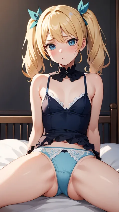 {{{masterpiece}}}, {{{best quality}}}, {{{super detailed}}},{{{very delicate and beautiful}}},{{{blond with a big face}}},{cute face},{{{short twin tails}}},{{small breasts}},{cute face},{{troubled face}},{{{white slip}}},{{{blue Satin Panties}}},{{pussy l...