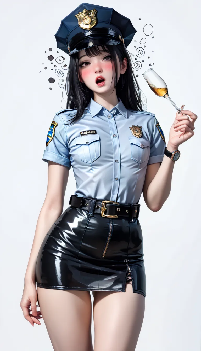 Beautiful Japanese Women from a Purple Perspective,( 1girl :1.5),(slender body:1.2),( small tits:1.0),( empty white background:1.7),(Very Very Short sleeve police shirt:1.2),(ultra mini police skirt:1.2),(black leather equipped police belt:1.5),real skin ,...