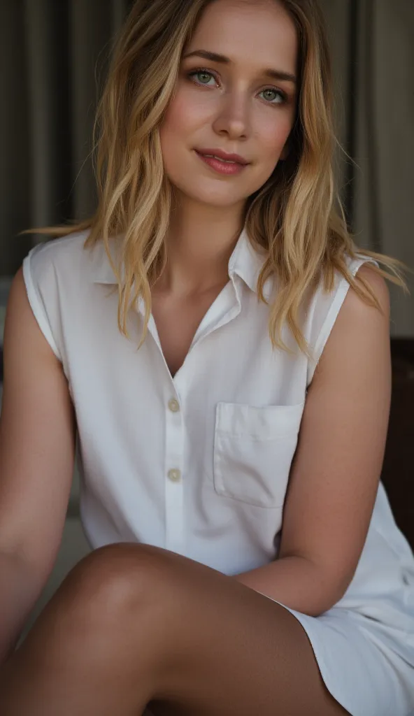 Close up face image of a woman in a formal white shirt attire. Sleeveless. Sitting. Legs folded. Thighs visible. Background blurred. She is wearing stockings.