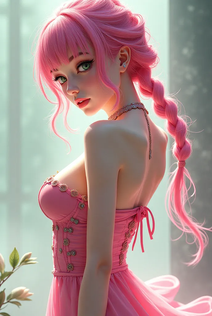 Mitsuri Kanroji, Erotic pink and green hair style with braids, wearing a long, tight dress,  she creates a photorealistic image  