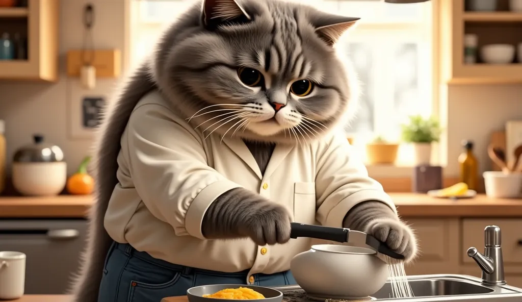 A gray male cat (Milo) in a white shirt and jeans, washing dishes in a bright kitchen, hands trembling from exhaustion, slightly cute and weary.