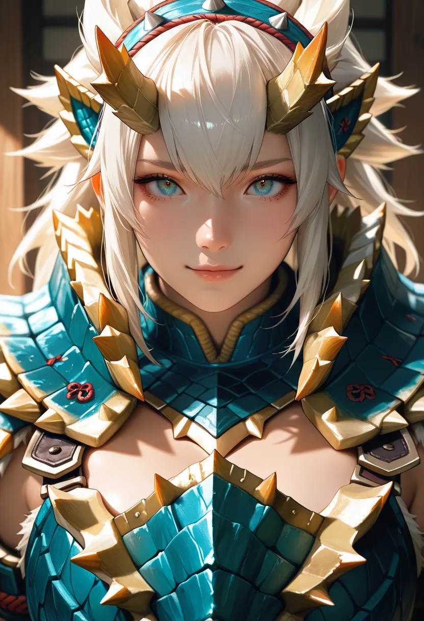 masterpiece, best quality, vibrant, very aesthetic, high contrast, photorealistic portrait,beautiful detailed face,detailed texture,detailed skin, newest, 1girl,monster hunter,source_monster hunter,Zinogre Armor,room