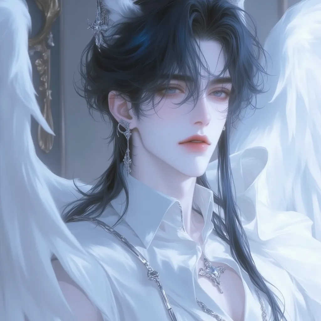 male, angel,  White wings on her back , Black hair with a blue tint, Periwinkle colored eyes, white uniform, cloak, Garma, Long hair that reaches below the back, half-closed eyes,  tears, 고품질 portrait, portrait, 4K, High Resolution,  Masterpiece, Extremely...