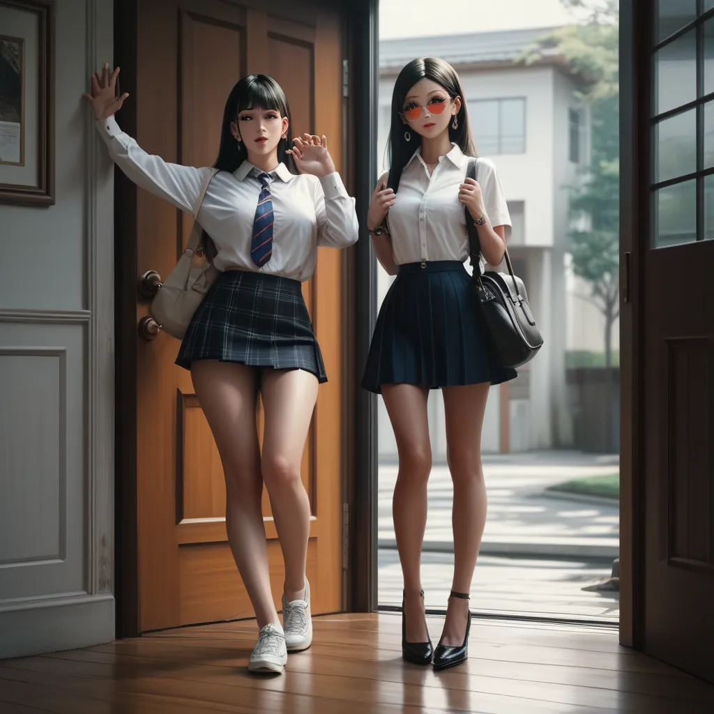 super high quality,greatest masterpiece,(2 Japanese School Girls,short skirt,provocative gaze holding something,Provocative pose,Suddenly it's rushing in),((it feels like it can be seen through a peephole at the front door,fisheye lens)),Extremely beautifu...