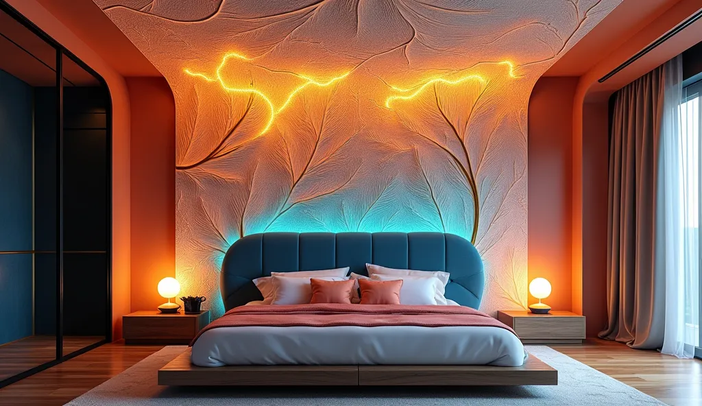 Design a modern bedroom inspired by the intricate beauty of leaf veins, seamlessly connecting the ceiling and walls to create a monolithic, organic flow. Use the rich and vibrant color palette, incorporating deep blues, fiery oranges, and radiant pinks wit...