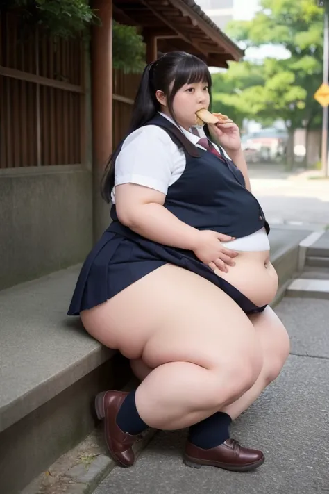 overweight、     very obese     、   Japanese woman、     school uniform 、    big belly、  thick butt、thick、     black brown hair  、   on the ground、     out of breath 、  eating、 laiing