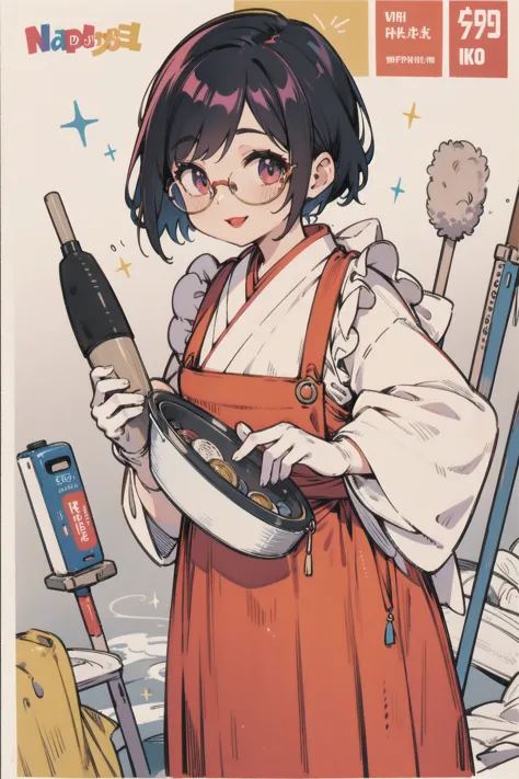 4K, glasses, risograph, I have cleaning tools, happy, red lipstick， kimono，Hakama， ruffle apron 