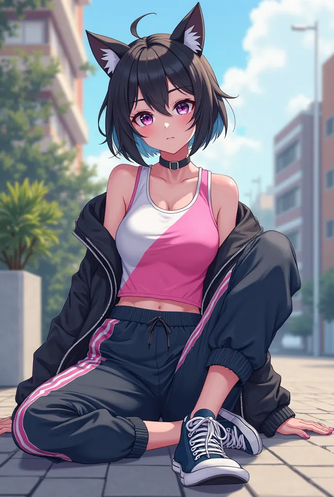 A girl with black wolf cut, sitting down, wearing a tracksuit, a pink & white anime tank top, a pair of dark blue converse shoes, a pink collar and a black jacket