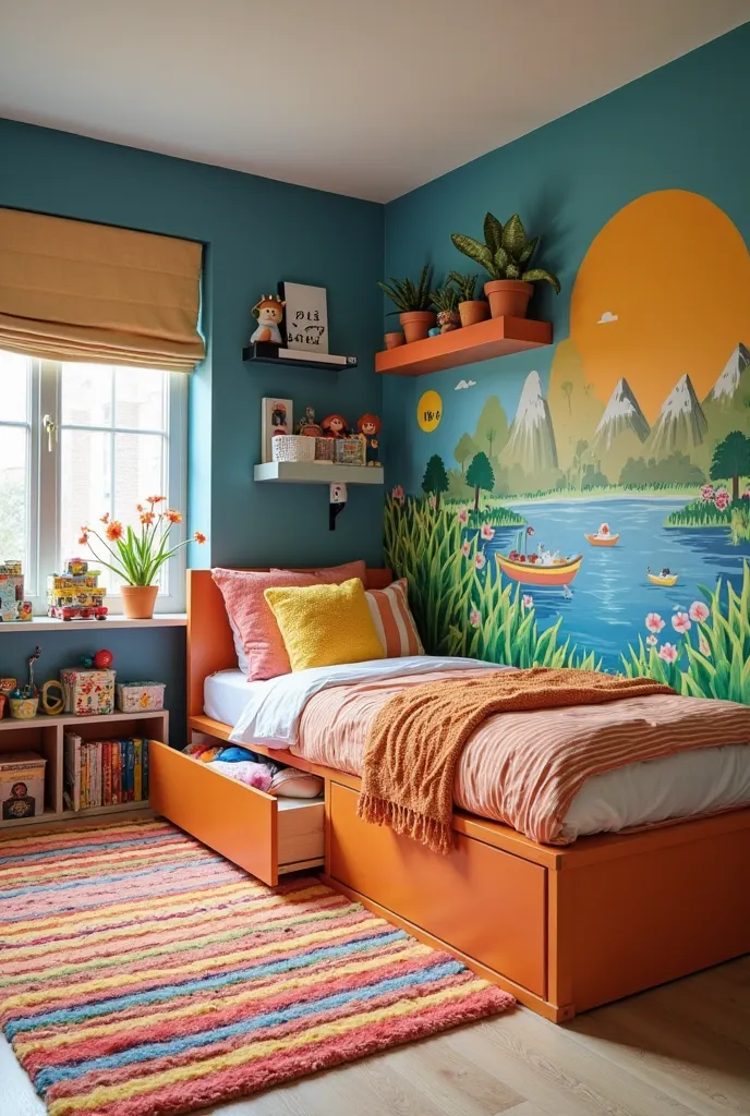 A vibrant and functional room, with a mix of strong colors such as blue,  orange and green . The environment is filled with playful elements, like a bed planned with drawers, organized shelves and a colorful mural on the wall. The multicolored striped carp...