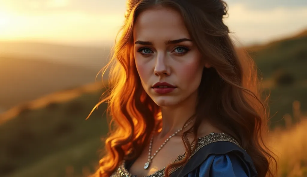 A breathtaking scene unfolds as a stunning 35-year-old woman stands atop a serene hill, her gaze locked directly onto the camera with a wise and concerned expression. Her long, wavy chestnut hair flows gently in the breeze, illuminated by the golden light ...