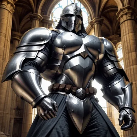 a man wearing a knight's helmet, an opening in the helmet allowing you to see your eyes, huge body, wearing knight armor, epic knight armor, armor