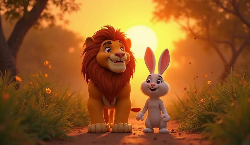 "The lion and white  rabbit walk side by side into the jungle, their friendship unbreakable. The golden sunset glows behind them, casting a warm and nostalgic light. (3D animation style, ultra-detailed lighting, cinematic mood, DreamWorks-like character an...