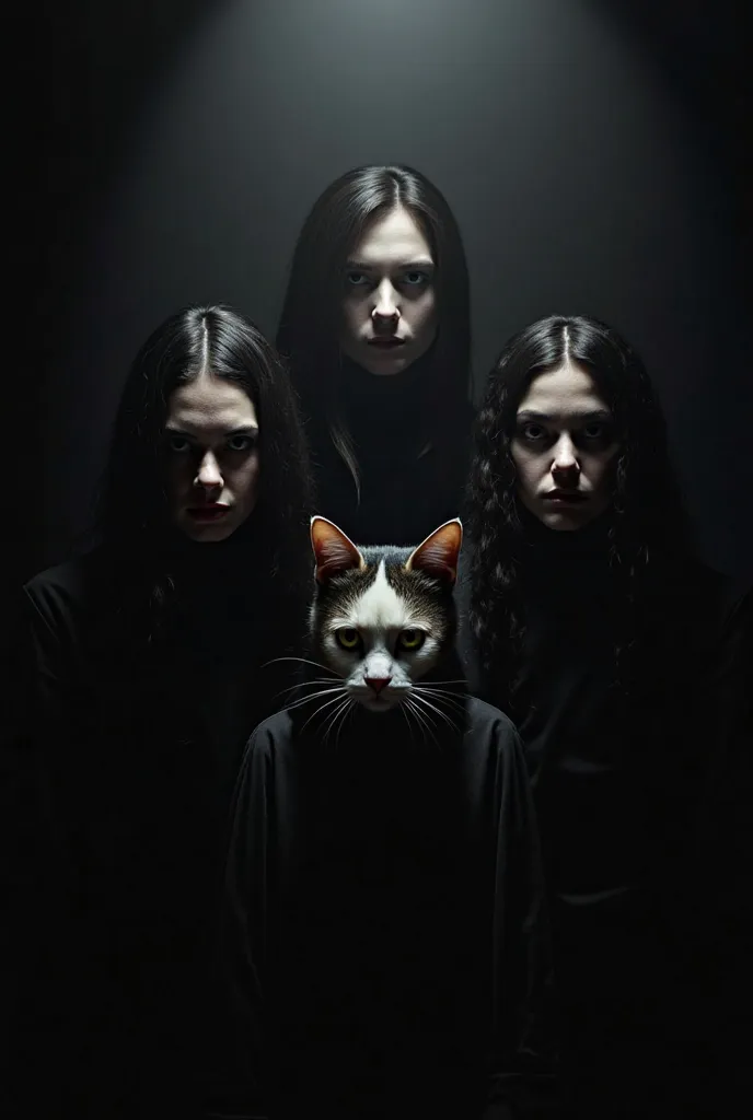 "A chubby cat dramatic, high-contrast portrait of four mysterious figures emerging from darkness, arranged symmetrically in a diamond shape. The central figure is slightly higher, with the other three positioned around them. Their faces are illuminated by ...