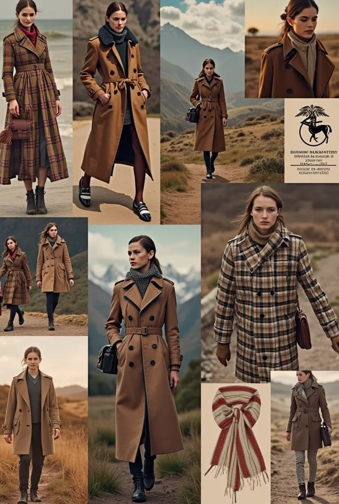 Prompt for Mood Board**: "Burberry-inspired mood board, featuring classic plaid patterns in tan, black, and red, luxurious trench coats, leather accessories, elegant runway fashion, British countryside landscapes, warm earthy color palette, stylish scarves...