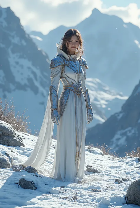 (ultra Realistic) , (illustration), (Enhance resolution), (8k), ( Extremely Detailed), ( detailed face ), Slim Body, in the dark , deep shadow, low profile, pureerosfaceace_v1, Happy smile, Winter, Mountain