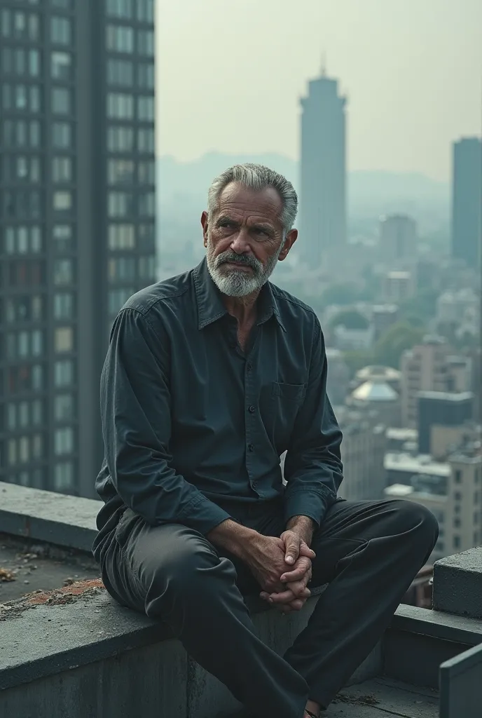 
The man sitting on the roof of the building and looking at the ground looks at the camera man's face