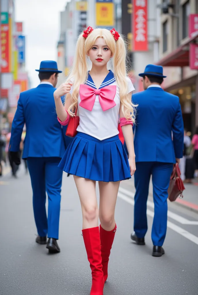 Photo is a vibrant street scene featuring a person dressed in a detailed cosplay outfit resembling a Sailor Moon. The individual has long, flowing blonde hair styled in twin tails, adorned with red accessories. They are wearing a white sailor-style top wit...