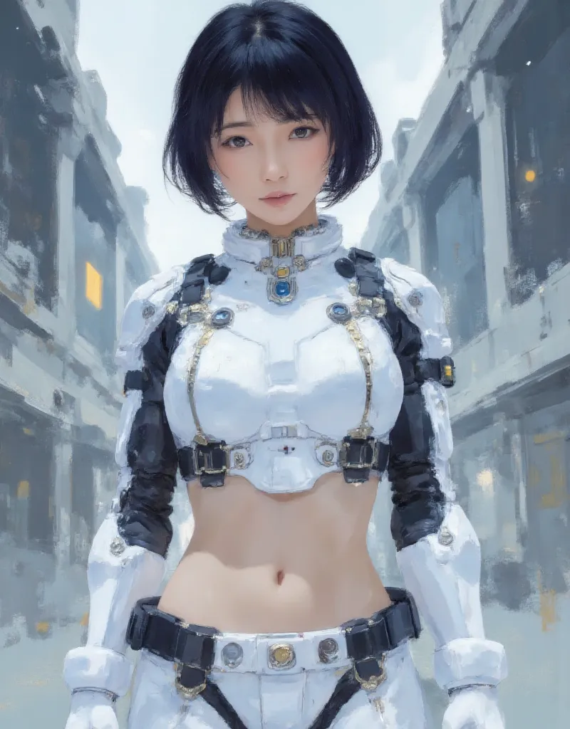 Beautiful young woman with short dark hair and large bust in anime character style wearing a necklace and bleached techwear outfit (exposing belly) on a cyberpunk background. Painted in Artgerm style with thick brushstrokes and splashes of contrasting dark...