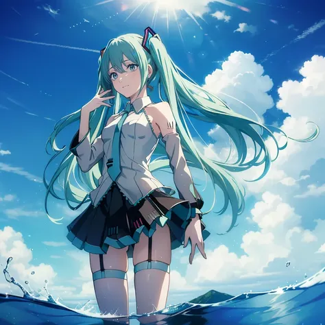 ((((amazing, best quality, super high resolution)))), (((Hatsune Miku,The sky is beautiful，))),((turn hands backwards))  (Hatsune Mikuの衣装，Hatsune Mikuのスカート、Hatsune Mikuのヘットセットをつけていsる，Garter belt on leg、Hatsune Mikuの髪留め，Hatsune Mikuのブーツを履く，(Hatsune Miku) (b...