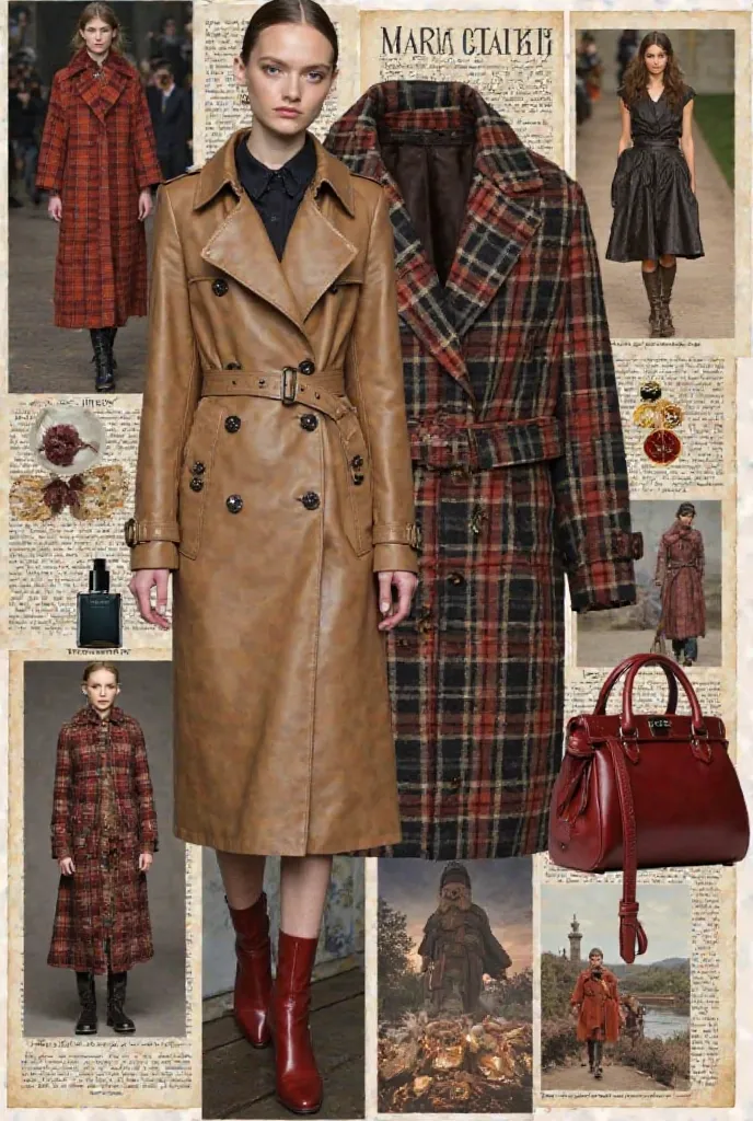 Prompt for Mood Board**: "Burberry-inspired mood board, featuring classic plaid patterns in tan, black, and red, luxurious trench coats, leather accessories, elegant runway fashion, British countryside landscapes, warm earthy color palette, stylish scarves...