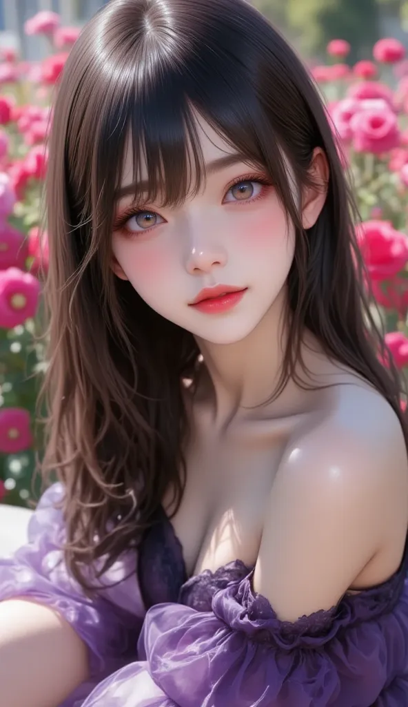 high resolution,  super high quality, 32K, surreal, Realistic photos:1.37,  beautiful woman, , Beautiful details ( eyes, Long eyelashes, Lips), , and her hair,  bangs:1.3, Ji Qie, puppet, Charming Smile, Half open mouth, Head tilt, Light blue, Rift, Middle...