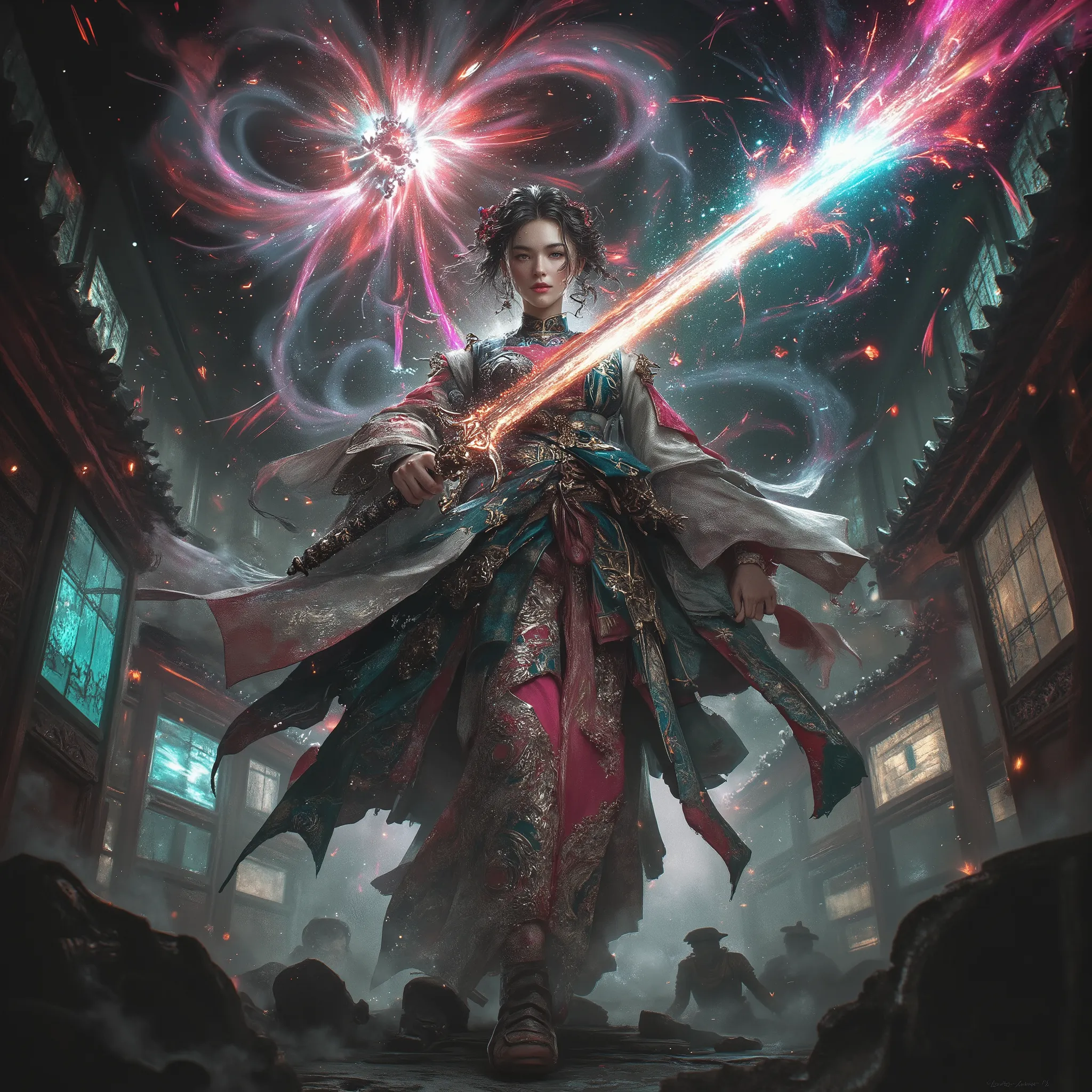 beautiful shoujo shrine maiden fighting demons, at the shrine, detailed portrait of a young female shrine maiden in traditional japanese clothing, with determined expression, brandishing a glowing sword and fiercely fighting off dark demonic entities in th...