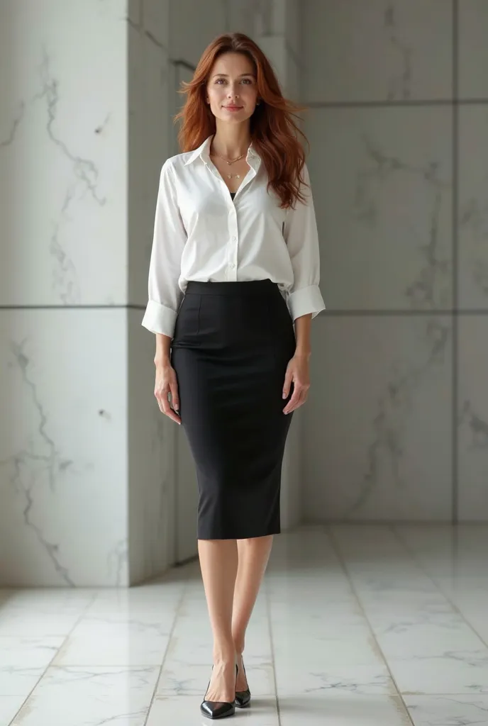 Mom business attire barefoot auburn hair