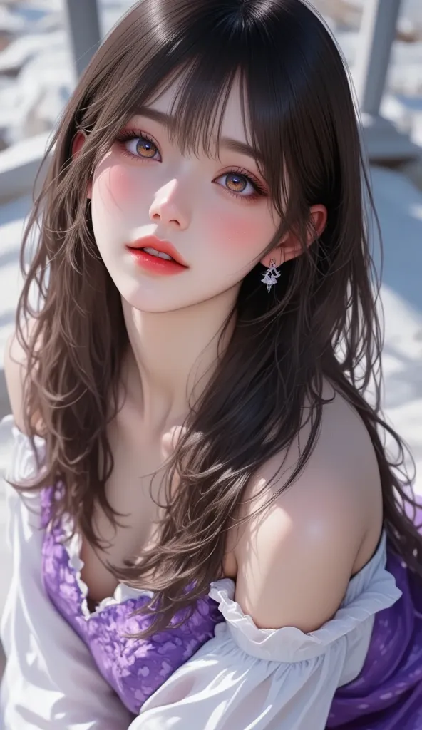 high resolution,  super high quality, 32K, surreal, Realistic photos:1.37,  beautiful woman, , Beautiful details ( eyes, Long eyelashes, Lips), , and her hair,  bangs:1.3, Ji Qie, puppet, Charming Smile, Half open mouth, Head tilt, Light blue, Rift, Middle...