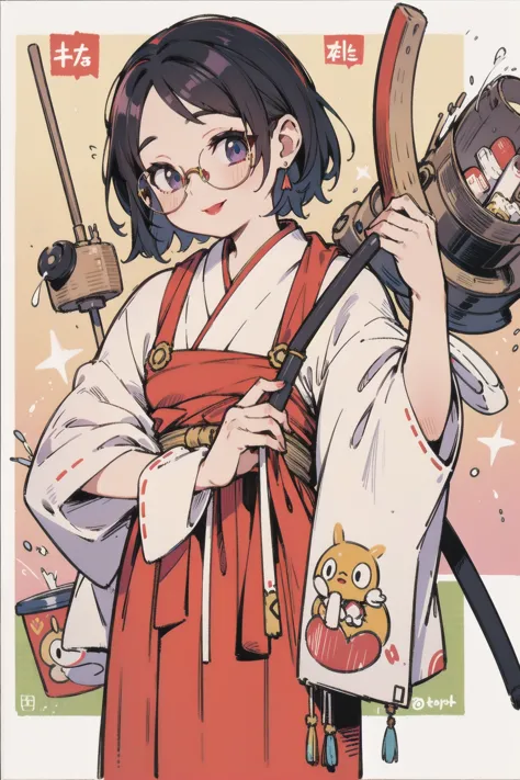 4K, glasses, risograph, Cleaning tools, happy, red lipstick， kimono，Hakama， ruffle apron 