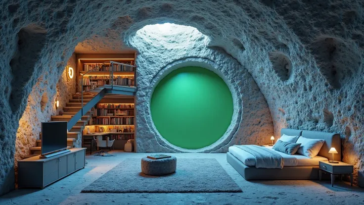 Create a stunning and peaceful double-storey room inside a cave, designed with a soothing blue and white color scheme. The lower floor features a cozy living space with a stylish library filled with books, a sleek TV setup, and a comfortable seating area. ...