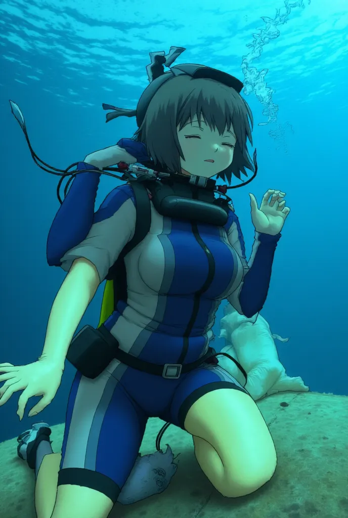 girl in diving suit and helmet underwater peeing