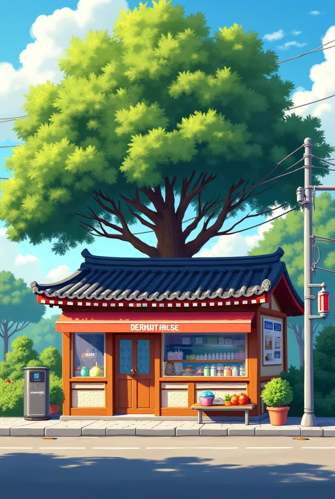 The season is summer, and a Korean-style hole shop and bus stop under the shade of a large tree