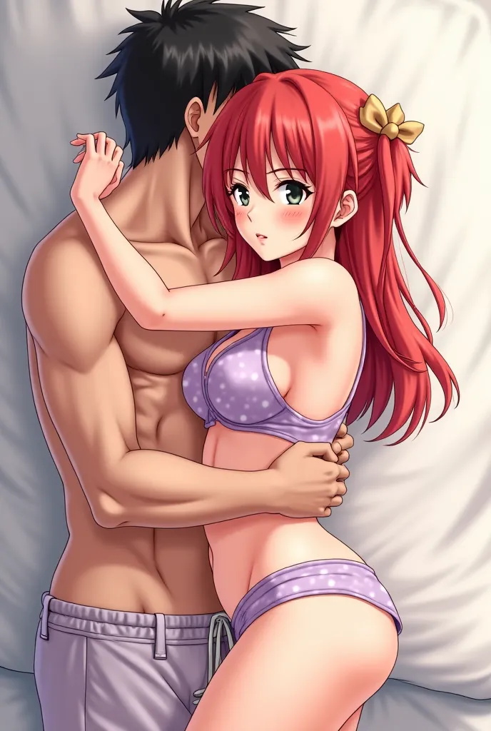 An image of Shiranui Mai wearing sleep underwear and masturbating while hugging a man