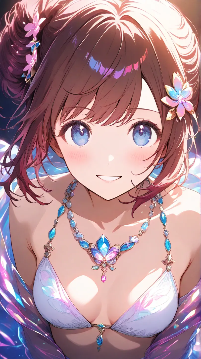 high quality　best image quality　Super Detail　high quality　4K 8K colorful dancer 　hide your chest with your arms　long brown hairstyle　  pink flower hair ornament  　 Medium Chest　white bikini　smile　looking up from the front