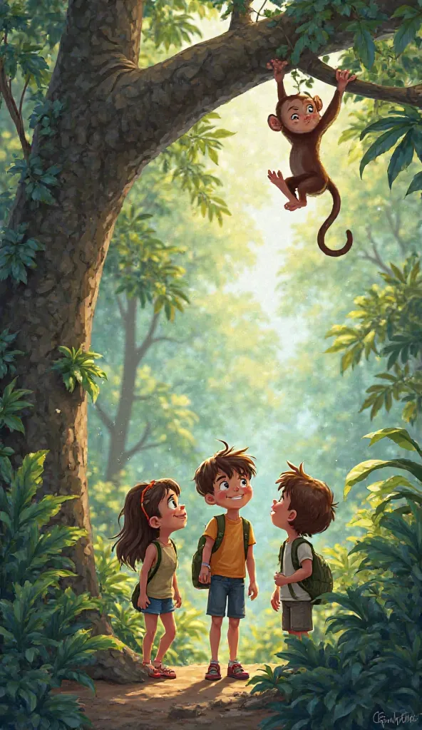 3 nine year old s 1 girl and two boys going to the jungle and see.a monkey on the tree