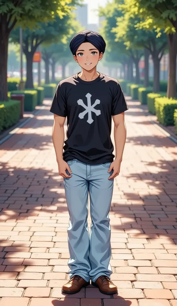 Anime-style, young bright skin sharp jawline very handsome man, is standing on a paved walkway. He is positioned in the center of the image, and is facing the viewer. He is wearing a black, short-sleeved shirt with a white design, and light blue flared pan...