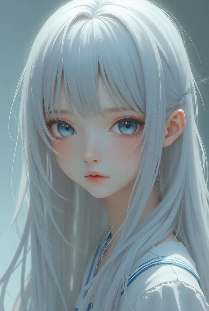 A female high school student with long white hair and blue eyes has a pale smile